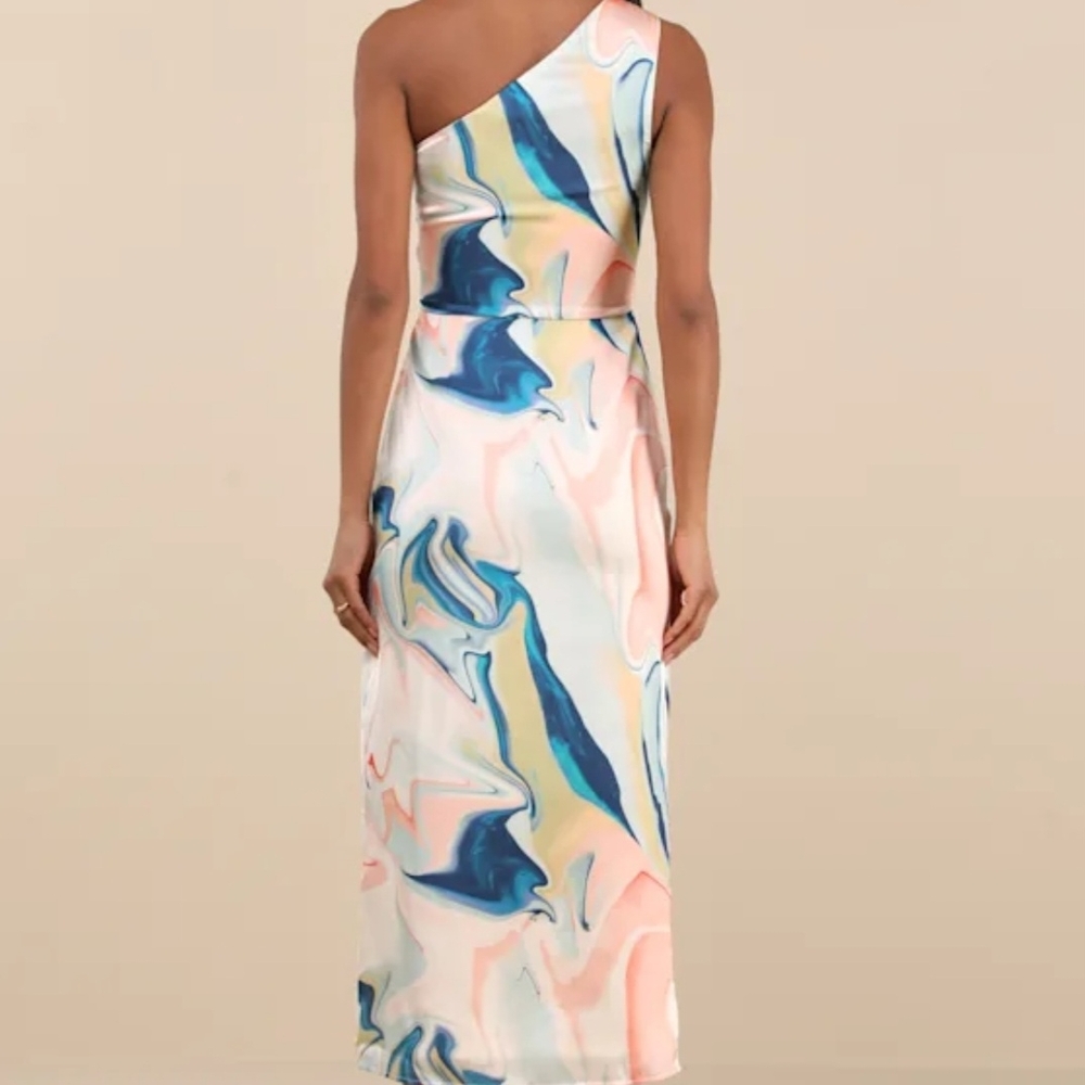 Lulu's Rema Elegant One-Shoulder Multicolor Watercolor Dress - Picture 2 of 5